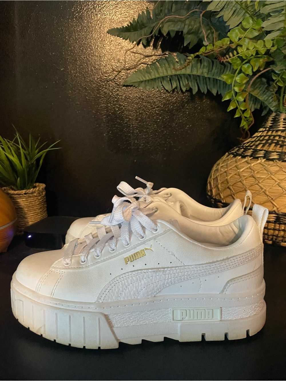 Puma White Low-Top Platform Sneakers with Gold Logo - Picture 2 of 7